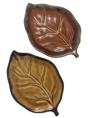 Bella Casa by Ganz 10" X 7 ” Leaf Shaped DECORATIVE CERAMIC PLATES Brown Tan